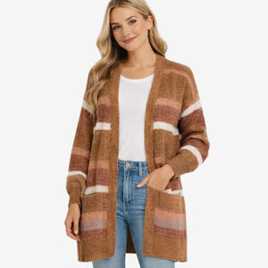 NWT Women's Pink Rose Striped Cardigan M Brown White